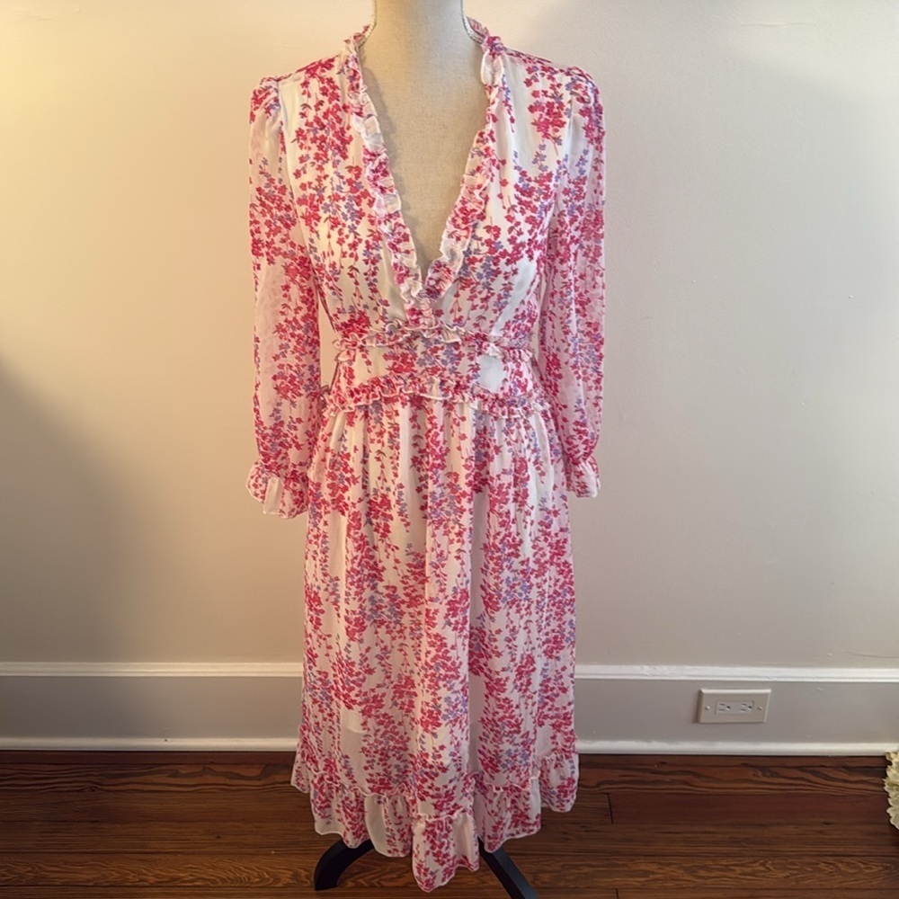Midi Dress Long Sleeve Pink White Floral Frill Trim Flounce Sleeve Ruffle Hem M - Picture 2 of 7